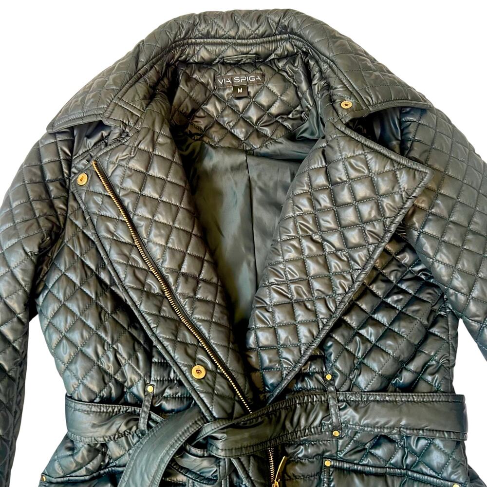 Via Spiga Women’s Evergreen Quilted Belted Coat Size M Gold Hardware - Picture 5 of 13